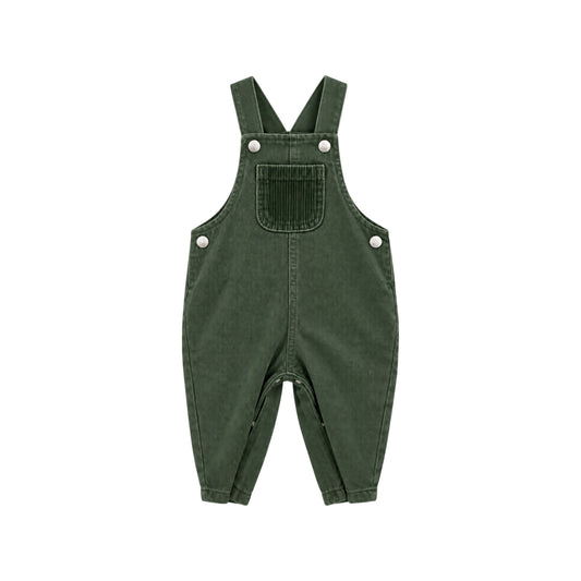 Arvo green children's dungarees with tonal corduroy chest pocket, adjustable shoulder straps and metal-effect buttons, front view.
