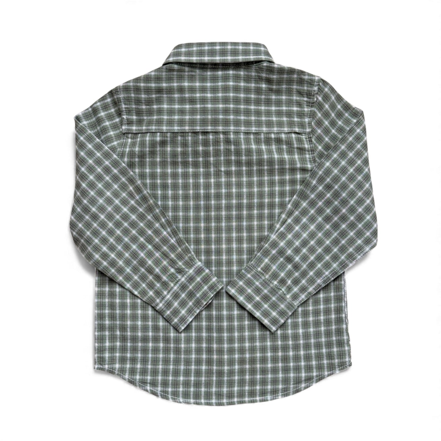 Green check cotton children’s shirt with long sleeves, button cuffs and curved hem — back view.