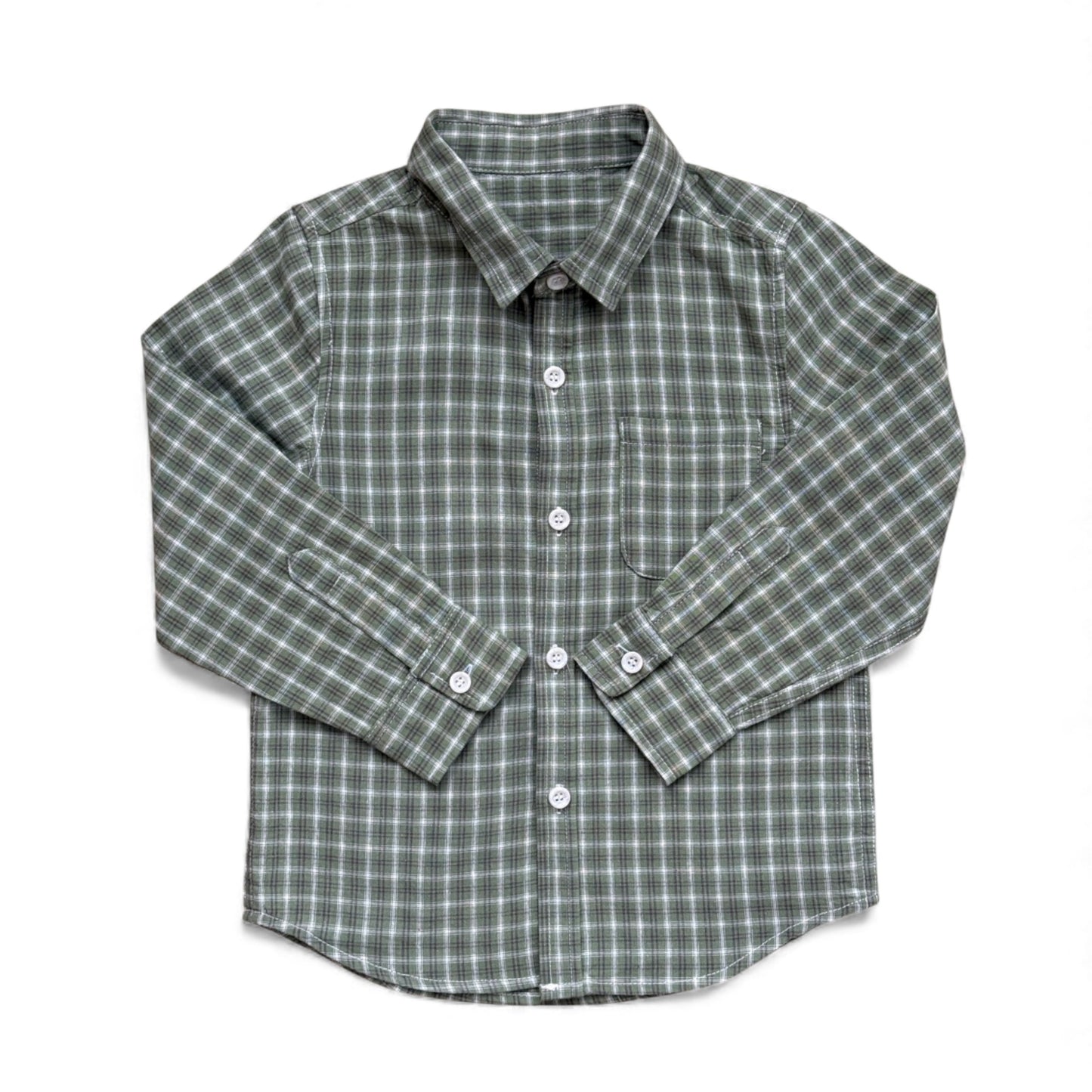 Green check cotton children’s shirt with collar, front buttons and single chest pocket — front view.