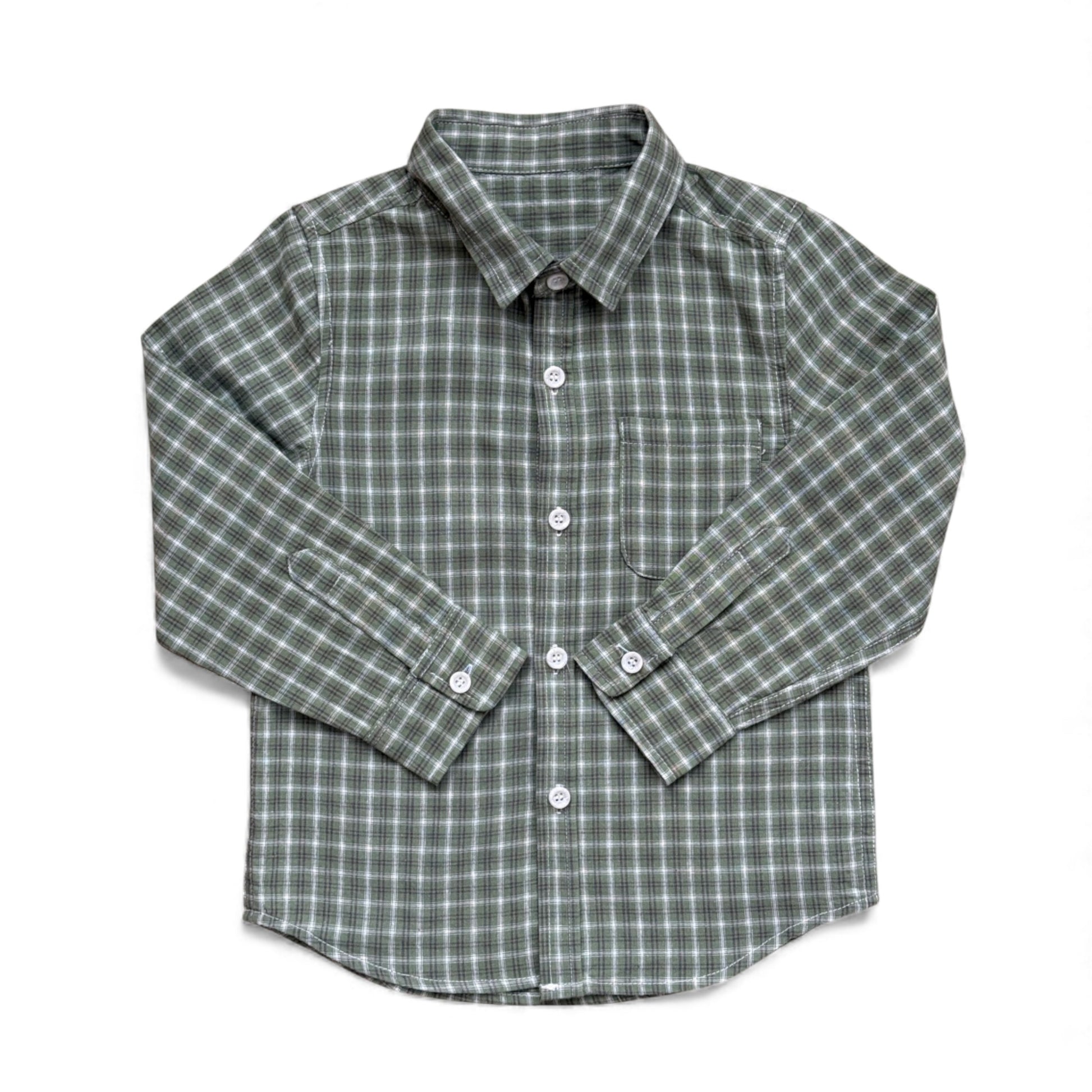 Green check cotton children’s shirt with collar, front buttons and single chest pocket — front view.