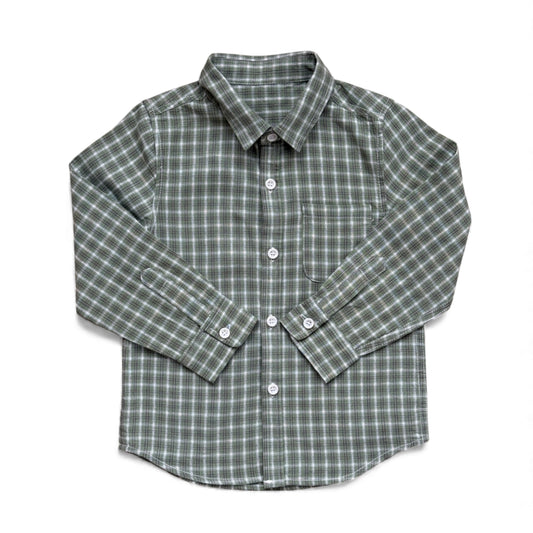 Green check cotton children’s shirt with collar, front buttons and single chest pocket — front view.