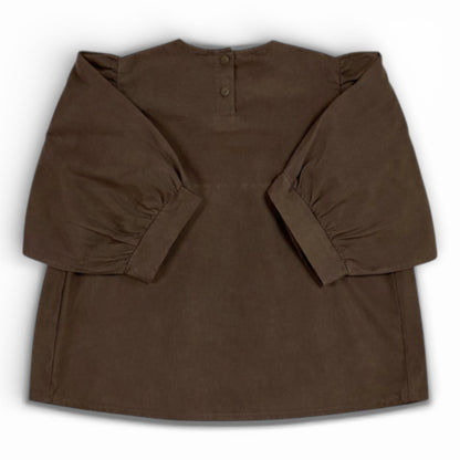 Cotton drill smock top with lace bib front and balloon sleeves