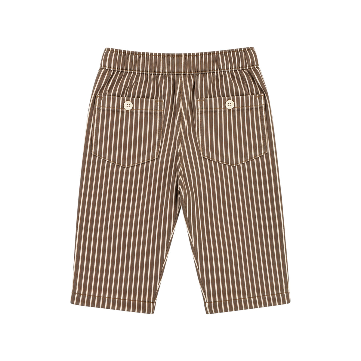 Back view of the Benga Pants by That’s Not Fair London, featuring brown and cream stripes and distinctive back patch pockets.