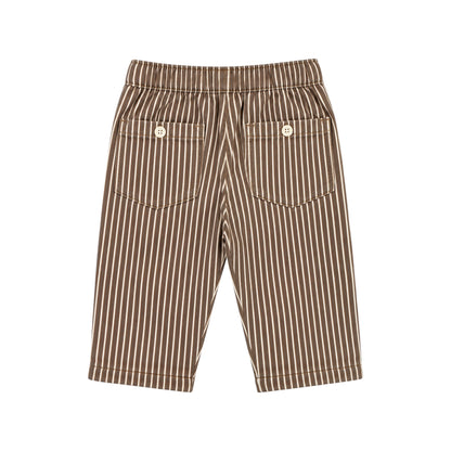 Back view of the Benga Pants by That’s Not Fair London, featuring brown and cream stripes and distinctive back patch pockets.
