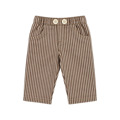 Benga Pants by That’s Not Fair London, brown and cream striped children’s trousers with contrasting cream buttons.