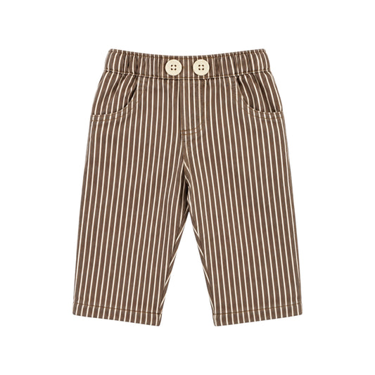 Benga Pants by That’s Not Fair London, brown and cream striped children’s trousers with contrasting cream buttons.
