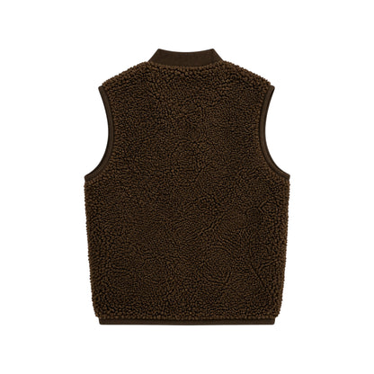 Back view of the Benni brown teddy fleece children's gilet with ribbed collar, armhole trims and hem.