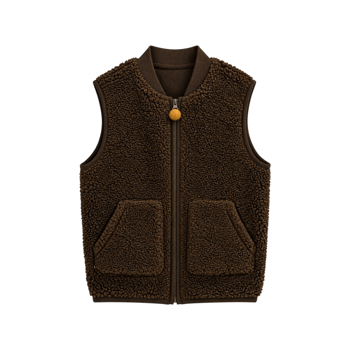 Benni brown teddy fleece children's gilet with mustard bobble zip pull, ribbed trims and two front pockets.