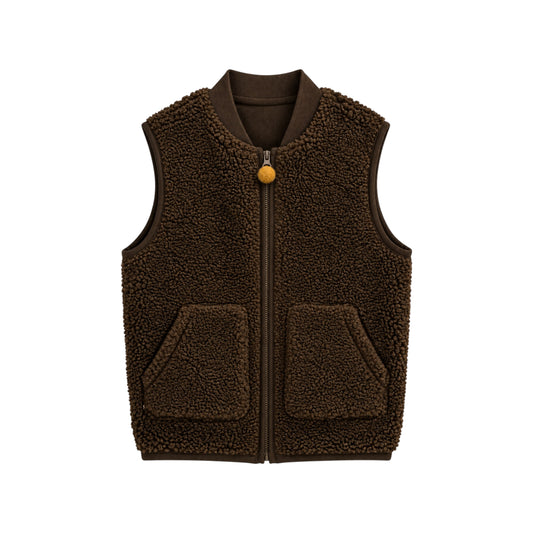 Benni brown teddy fleece children's gilet with mustard bobble zip pull, ribbed trims and two front pockets.