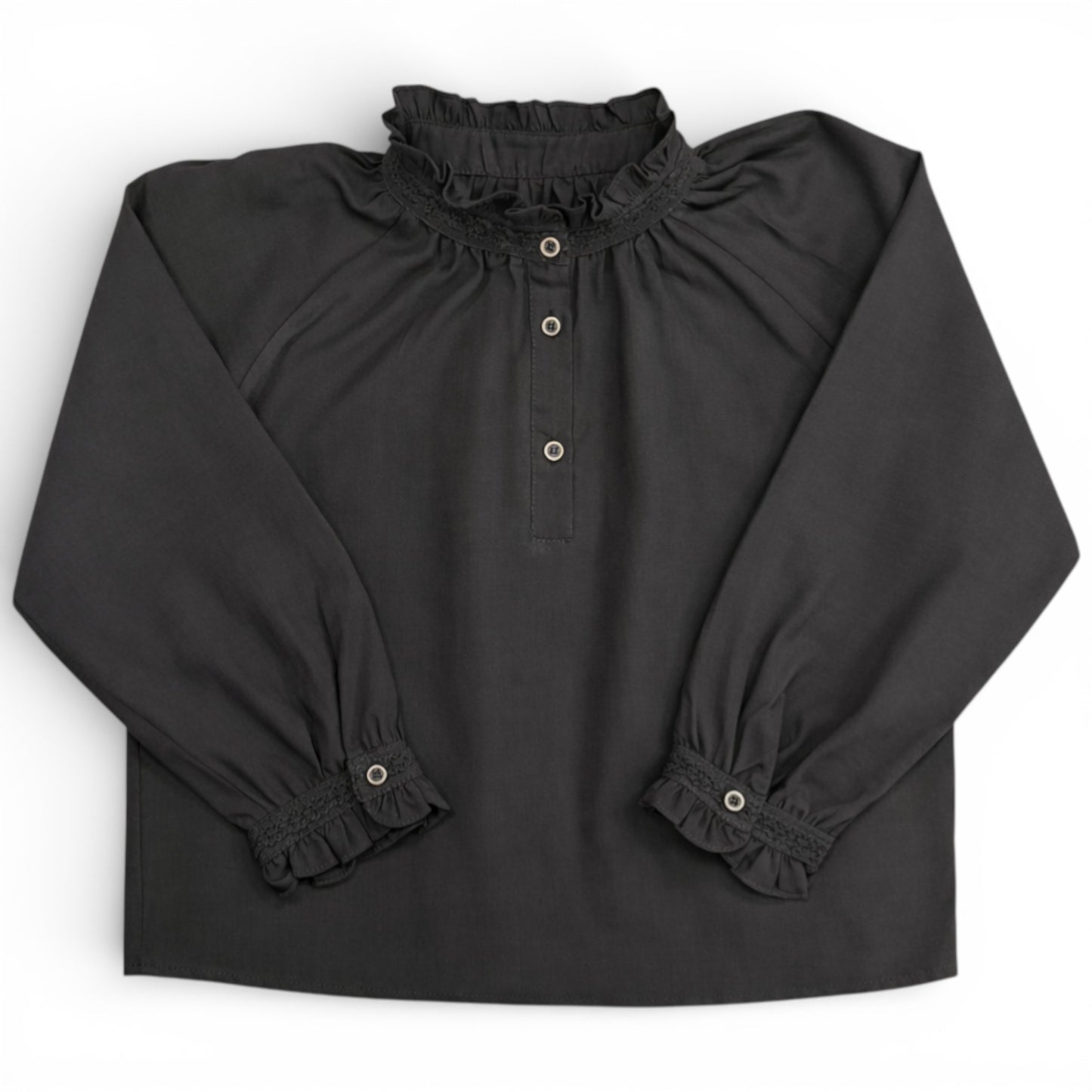 Childrens charcoal grey cotton shirt with raglan sleeves, high frilled neckline and wide cuffs