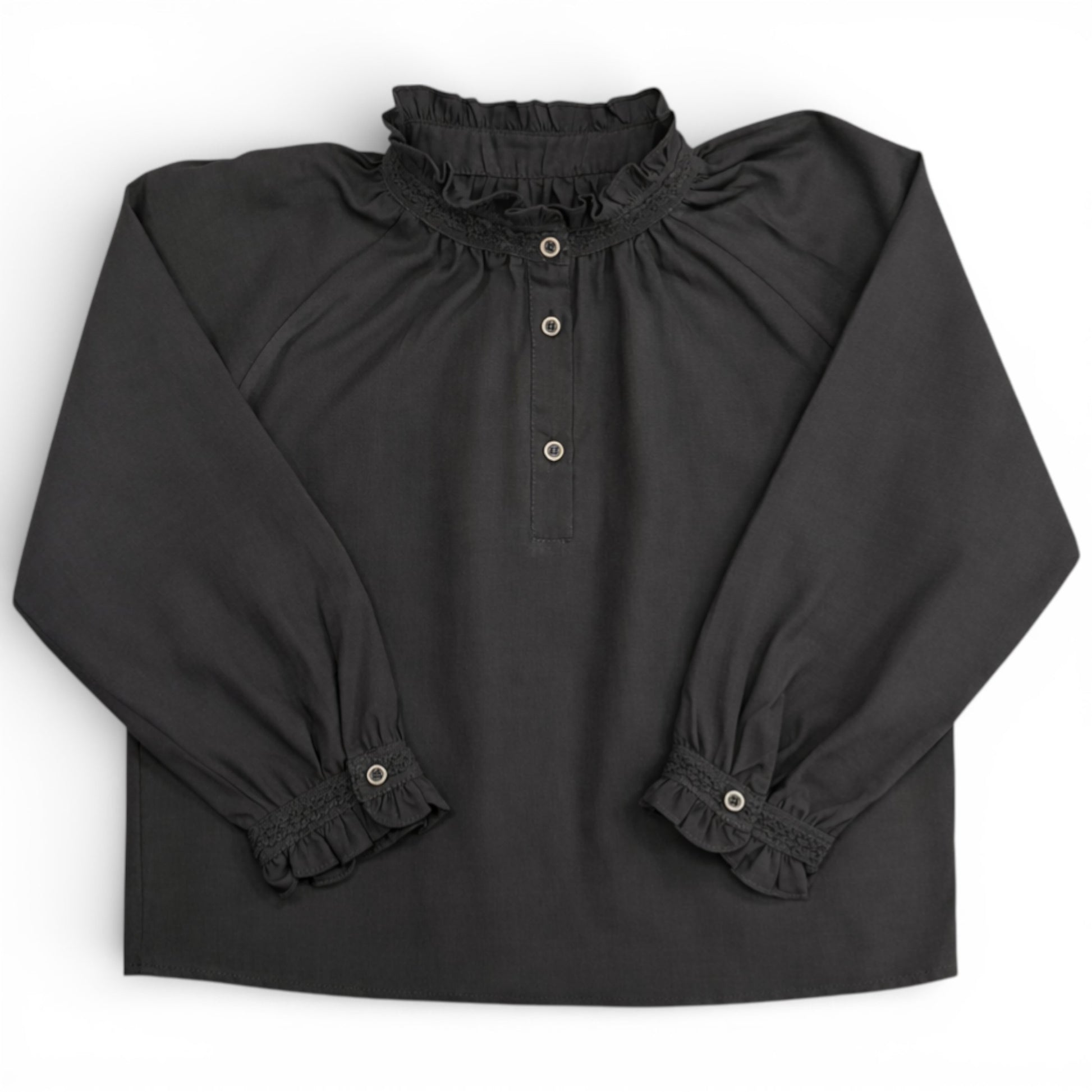 Childrens charcoal grey cotton shirt with raglan sleeves, high frilled neckline and wide cuffs
