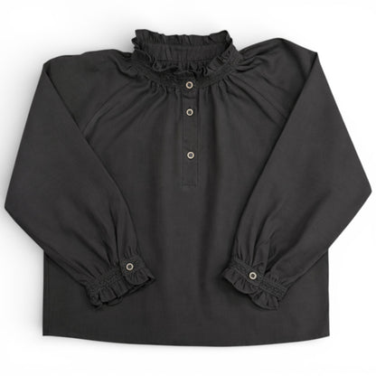 Childrens charcoal grey cotton shirt with raglan sleeves, high frilled neckline and wide cuffs
