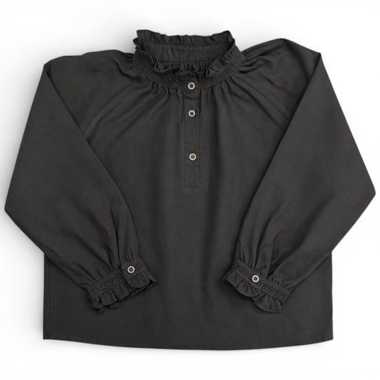 Childrens charcoal grey cotton shirt with raglan sleeves, high frilled neckline and wide cuffs