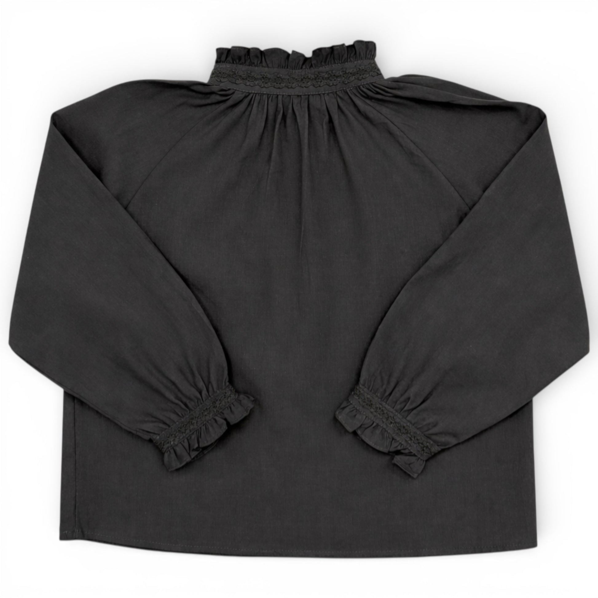 Childrens charcoal grey cotton shirt with raglan sleeves, high frilled neckline and wide cuffs