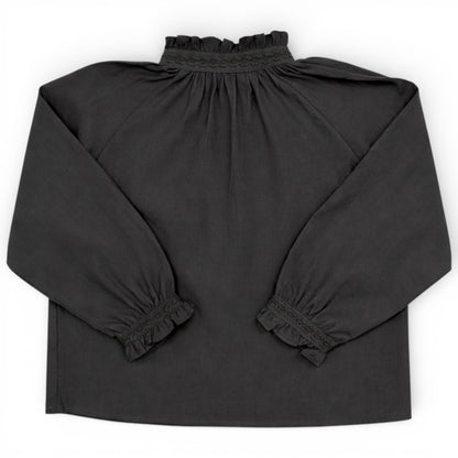 Childrens charcoal grey cotton shirt with raglan sleeves, high frilled neckline and wide cuffs