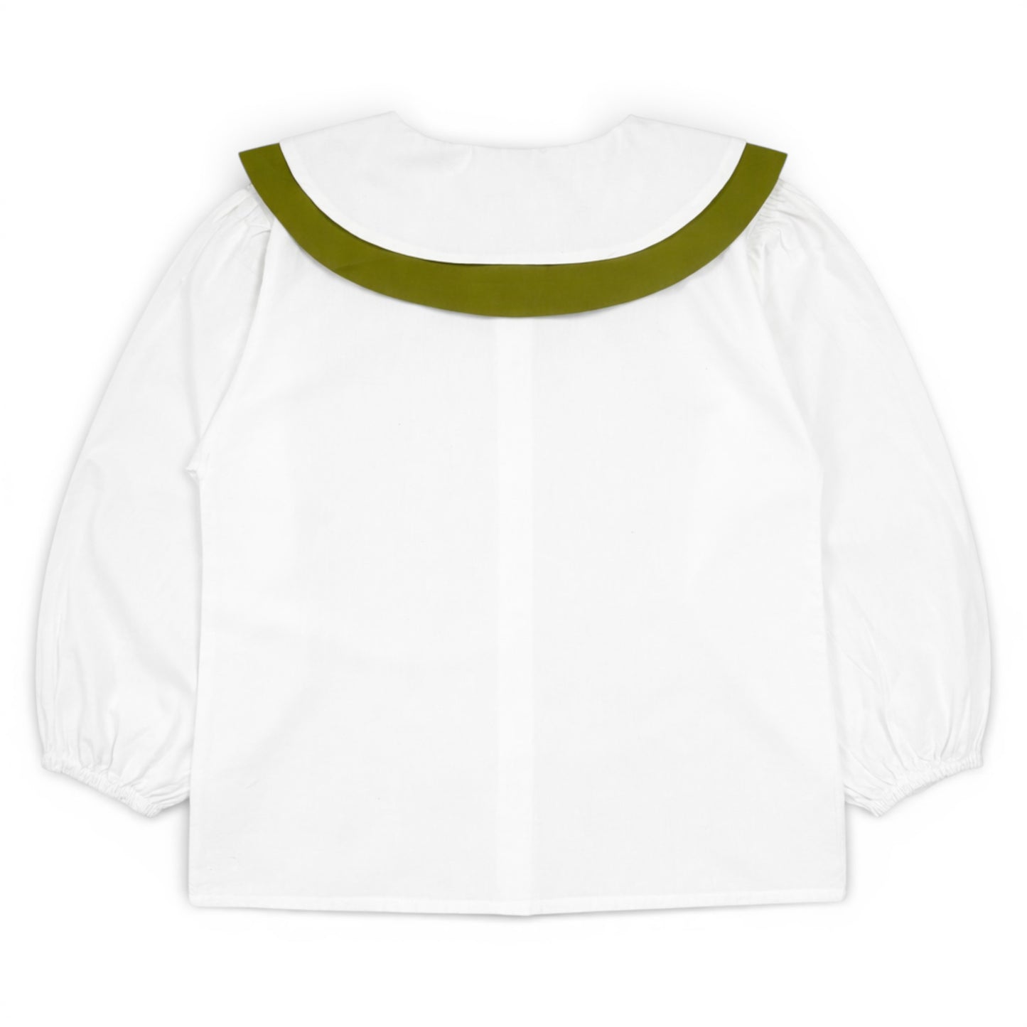 Betty Blouse by That’s Not Fair London, white children’s blouse with contrast double sailor collar and balloon sleeves, back view
