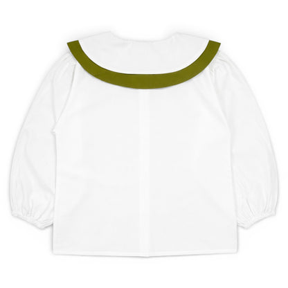 Betty Blouse by That’s Not Fair London, white children’s blouse with contrast double sailor collar and balloon sleeves, back view