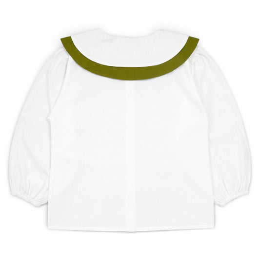 Betty Blouse by That’s Not Fair London, white children’s blouse with contrast double sailor collar and balloon sleeves, back view