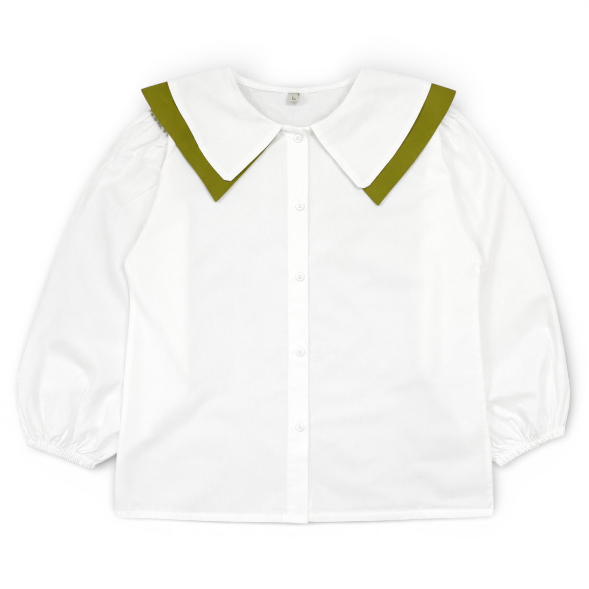 Betty Blouse by That’s Not Fair London, white children’s blouse with contrast double sailor collar and balloon sleeves, front view