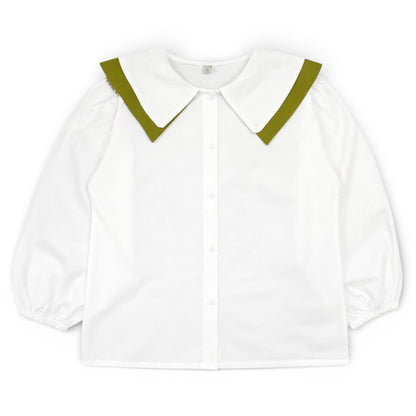 Betty Blouse by That’s Not Fair London, white children’s blouse with contrast double sailor collar and balloon sleeves, front view