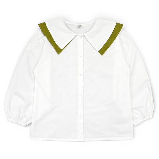 Betty Blouse by That’s Not Fair London, white children’s blouse with contrast double sailor collar and balloon sleeves, front view