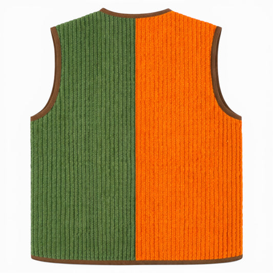 Carney Gilet showing green and orange colour-blocked back panels in chunky elephant corduroy