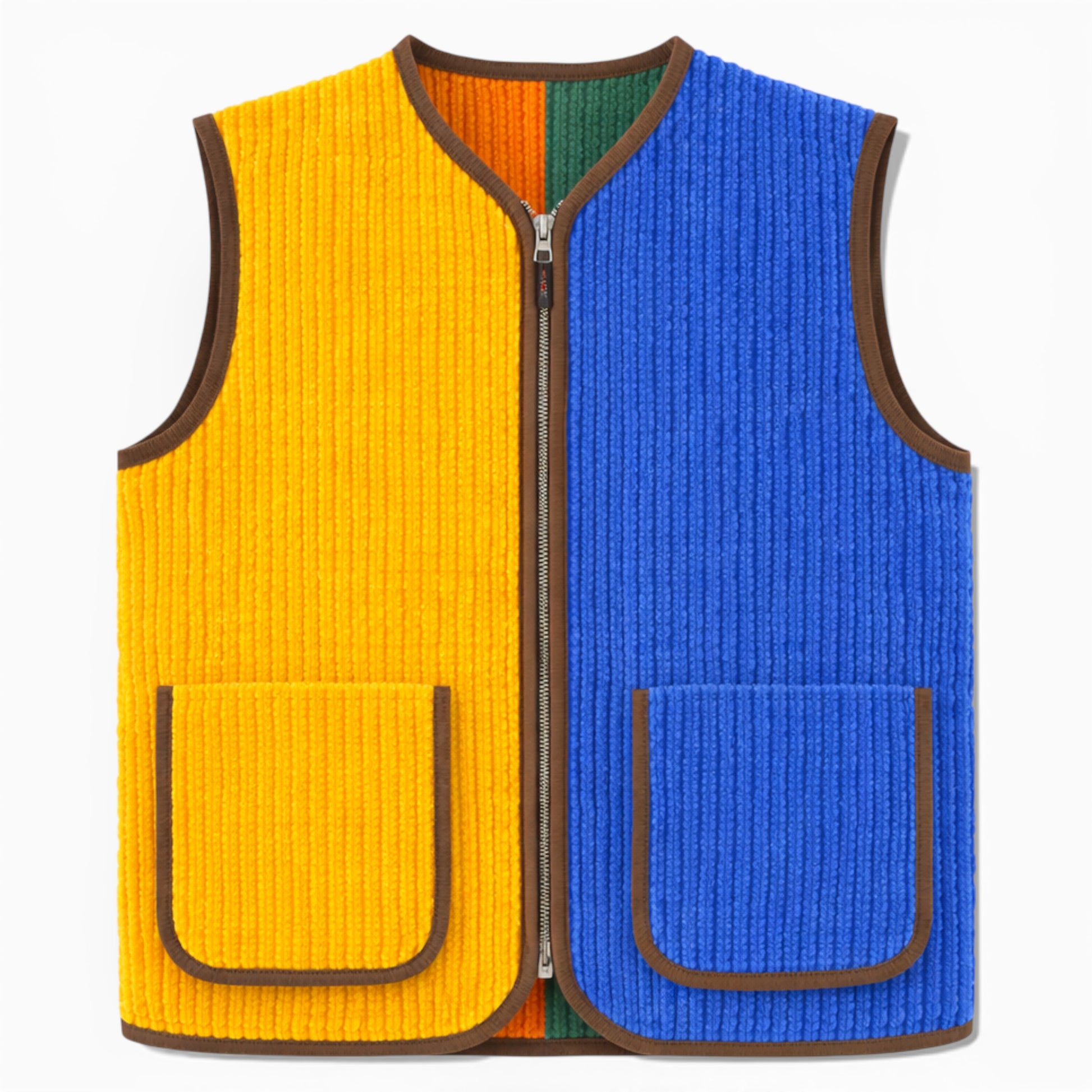 Carney Gilet in colour-blocked elephant corduroy with yellow and blue front panels and centre zip