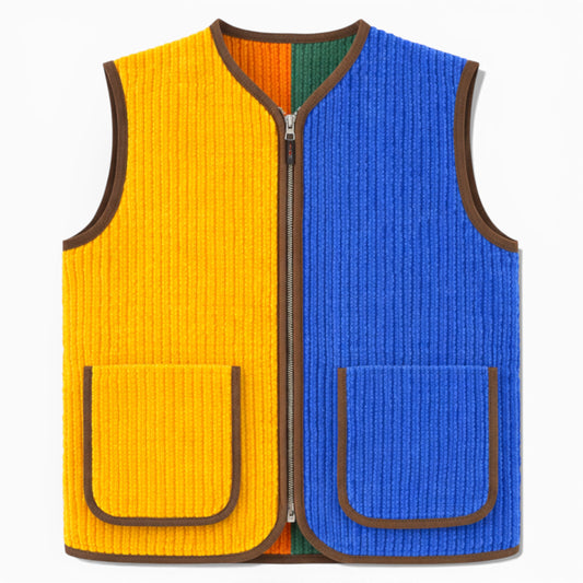 Carney Gilet in colour-blocked elephant corduroy with yellow and blue front panels and centre zip