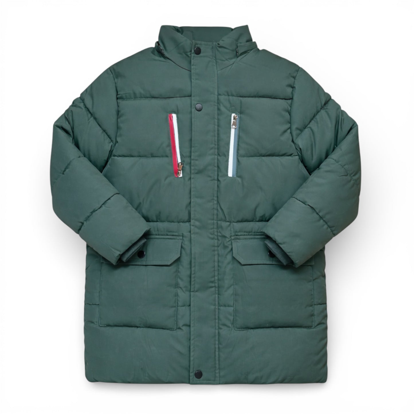 Children’s quilted winter coat without hood, featuring zip and popper fastening and striped zip pockets.