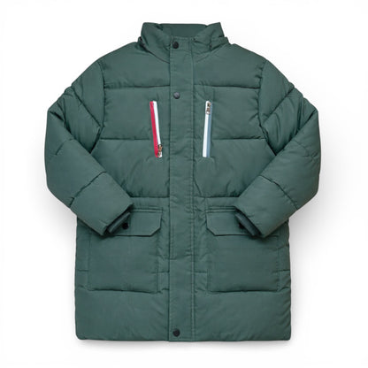 Children’s quilted winter coat without hood, featuring zip and popper fastening and striped zip pockets.