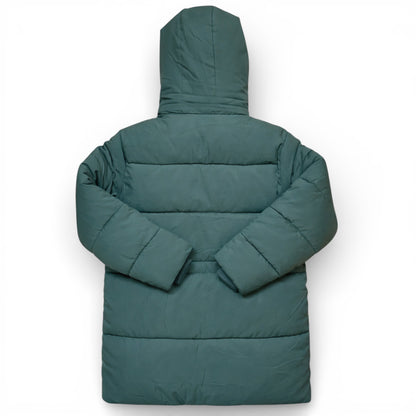 Back view of children’s quilted winter coat showing padded construction and three-quarter length shape.
