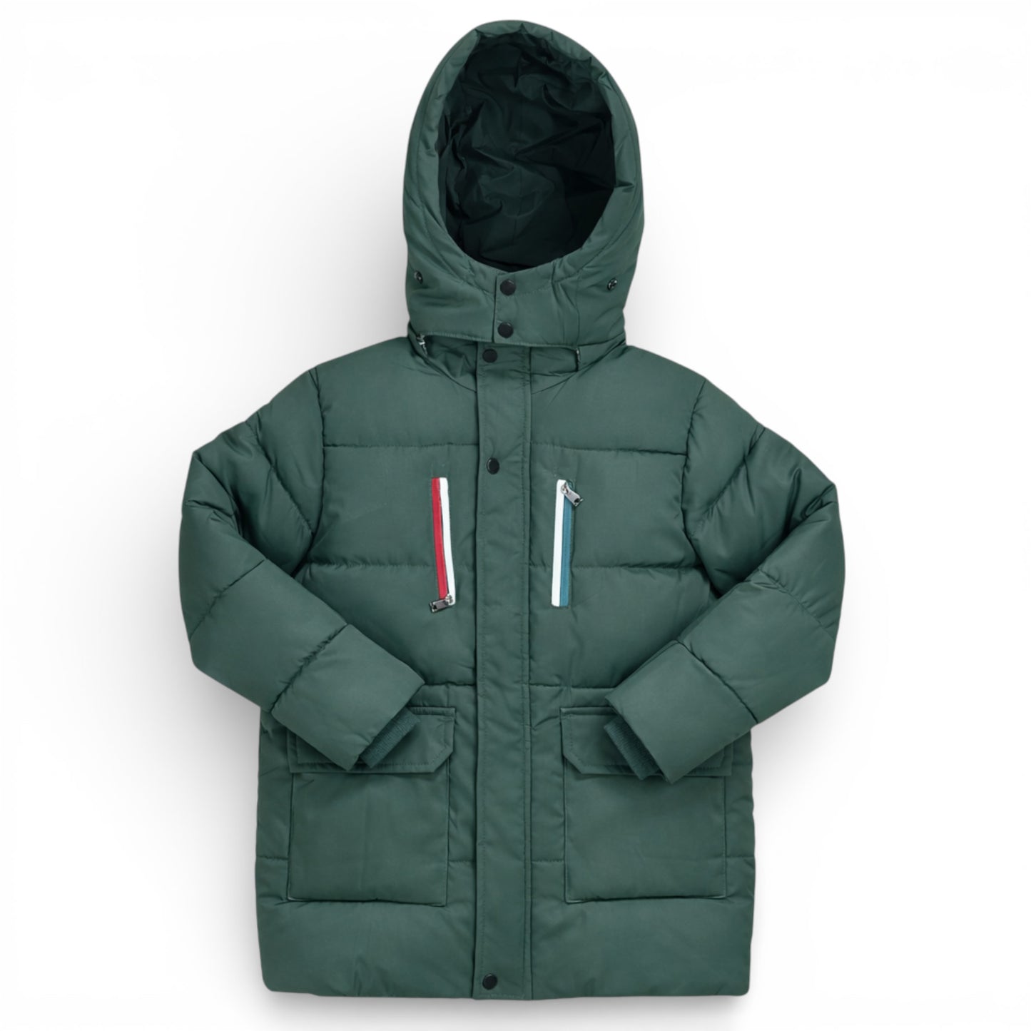 Children’s quilted three-quarter length winter coat in dark green with detachable hood and striped zip detailing.