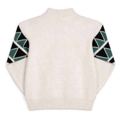 Back view of children’s cream knit jumper with loose fit, drop shoulders, and patterned sleeves.