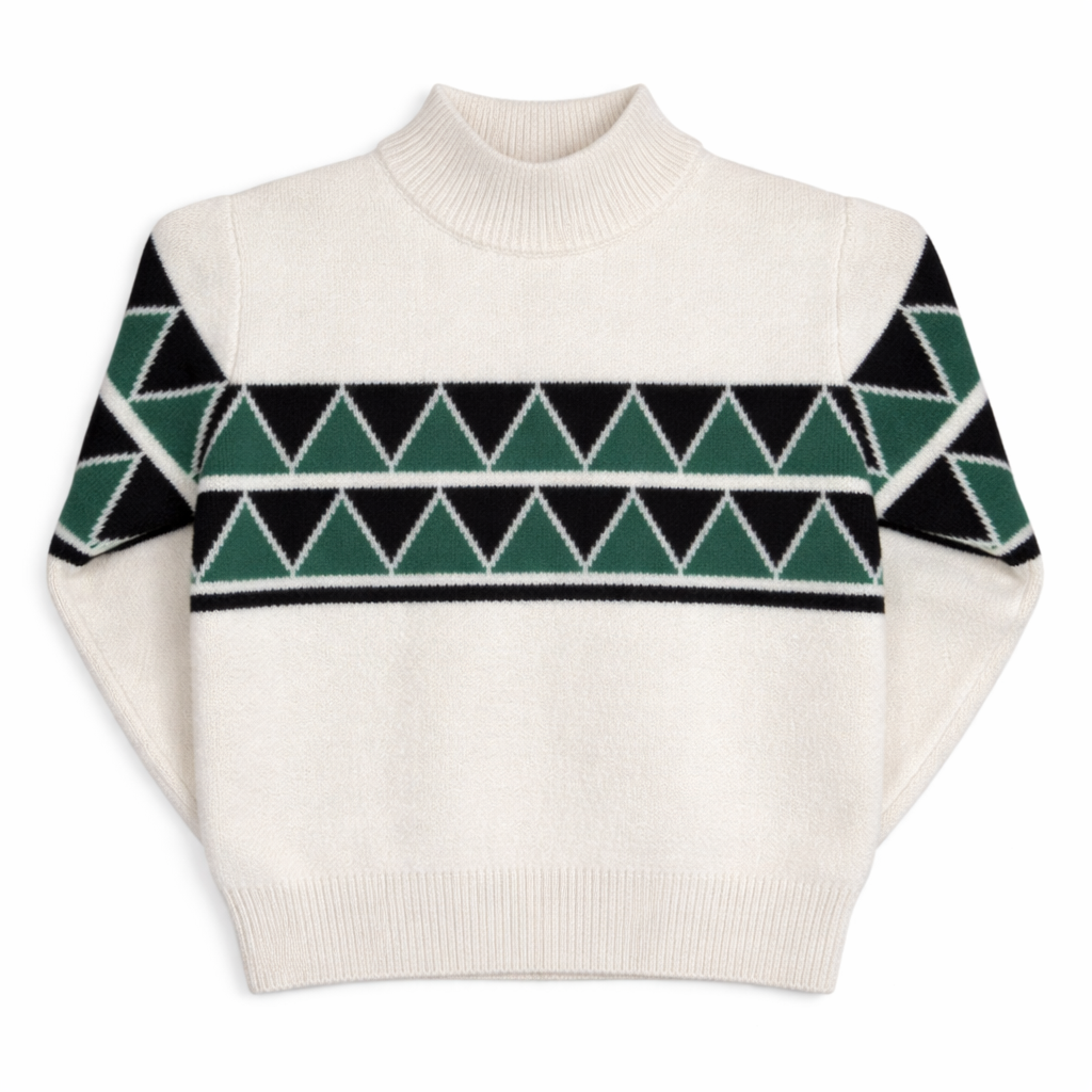 Children’s cream knit jumper with short turtle neck, drop shoulders, and green and black Fair Isle–inspired pattern across the chest.