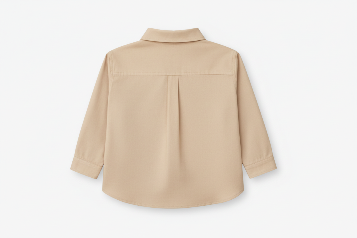 Back view of boys brushed cotton shirt with pleat and wide yoke detail.