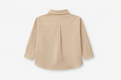 Back view of boys brushed cotton shirt with pleat and wide yoke detail.