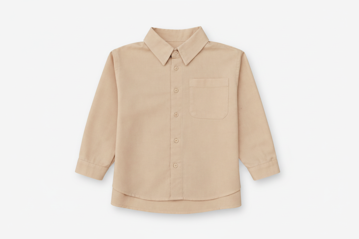 Children’s brushed cotton shirt with patch pocket and dress hem.
