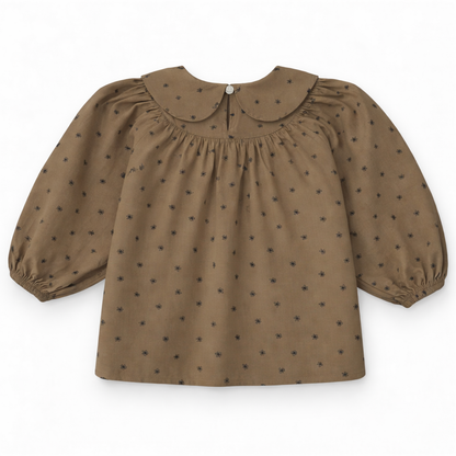 Back view of children’s blouse with keyhole opening and button loop fastening