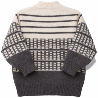 Children’s patterned knit jumper with drop shoulder and ribbed hem, back view
