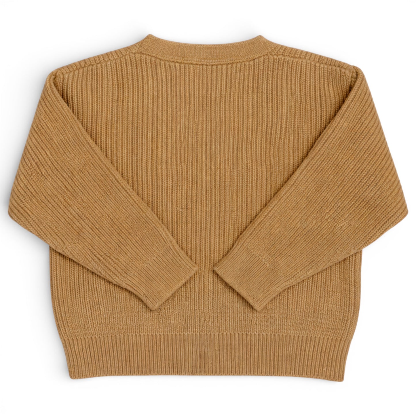 Children’s ribbed knit cardigan with drop shoulder and straight hem, back view