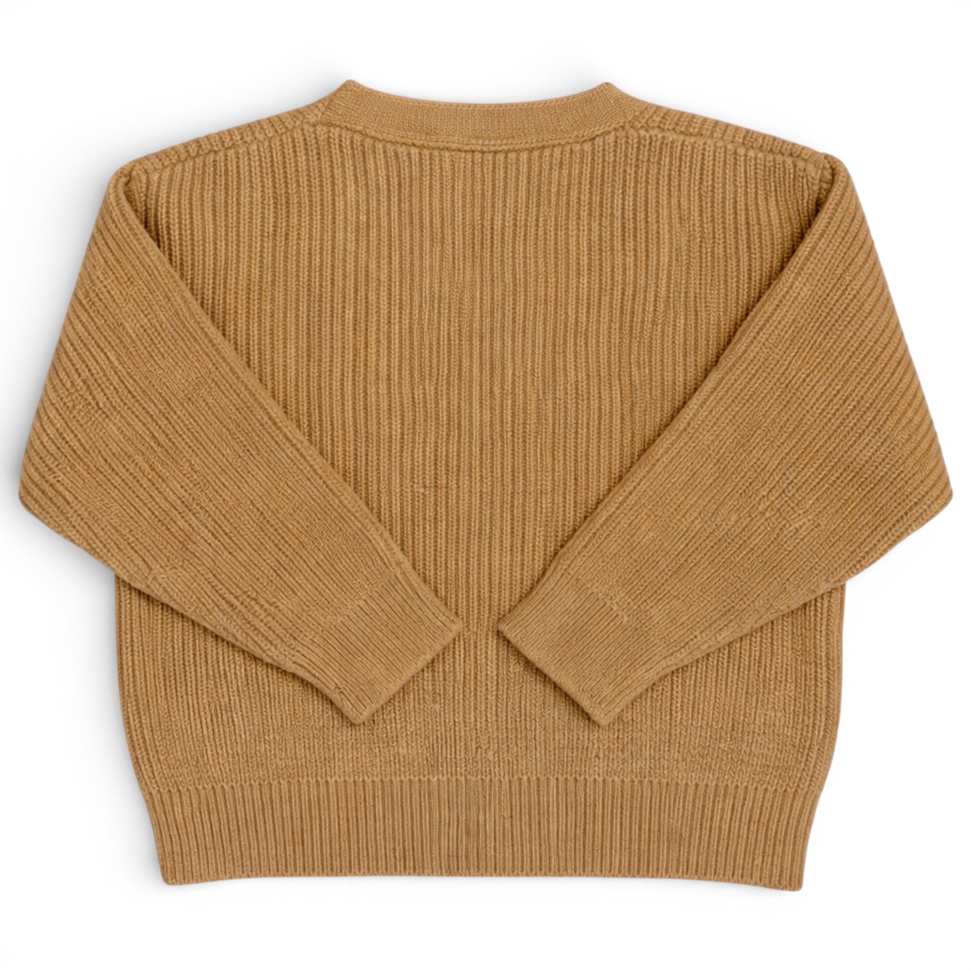 Children’s ribbed knit cardigan with drop shoulder and straight hem, back view