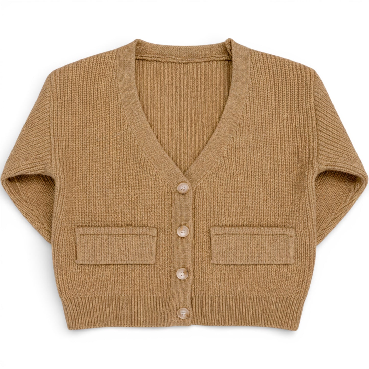 Children’s ribbed knit cardigan with drop shoulder, boxy fit and button front, front view