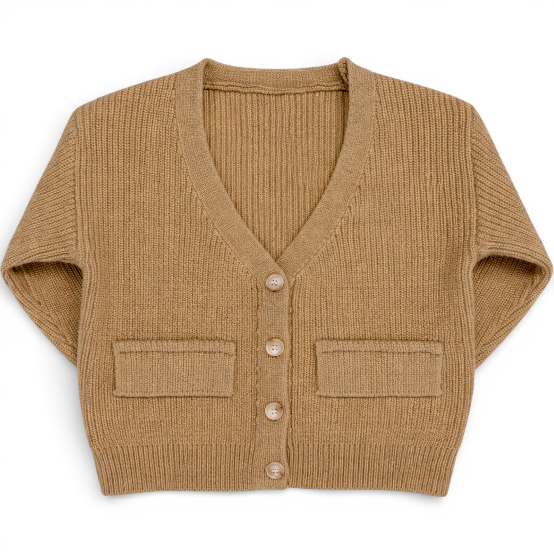 Children’s ribbed knit cardigan with drop shoulder, boxy fit and button front, front view