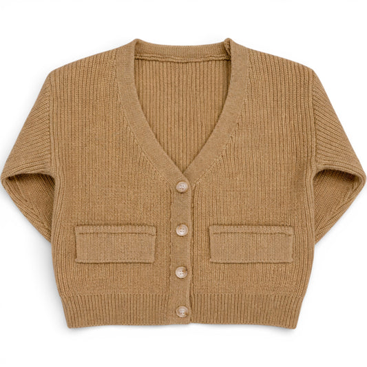 Children’s ribbed knit cardigan with drop shoulder, boxy fit and button front, front view