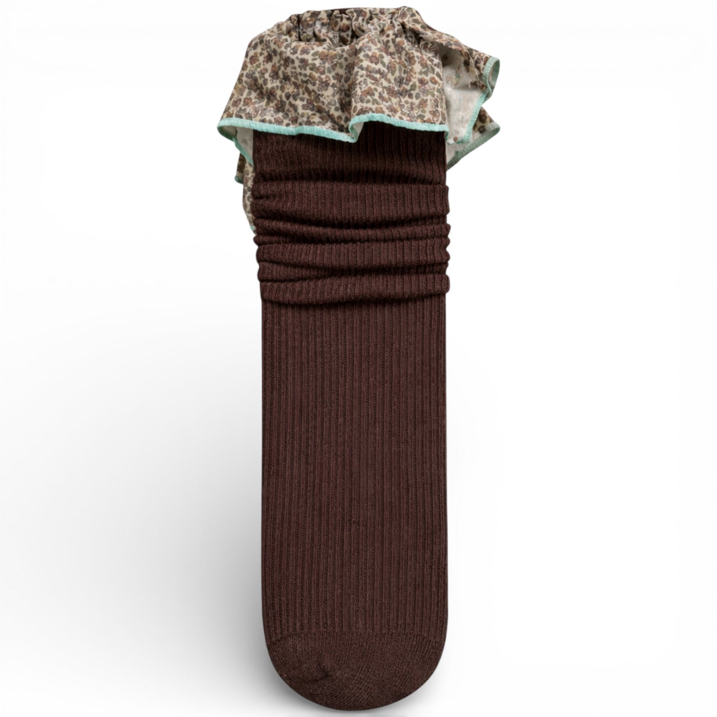 Brown - Ribbed children’s sock with cotton paisley frilled trim, un-heeled design