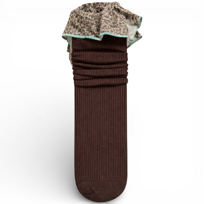 Brown - Ribbed children’s sock with cotton paisley frilled trim, un-heeled design