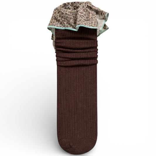Brown - Ribbed children’s sock with cotton paisley frilled trim, un-heeled design