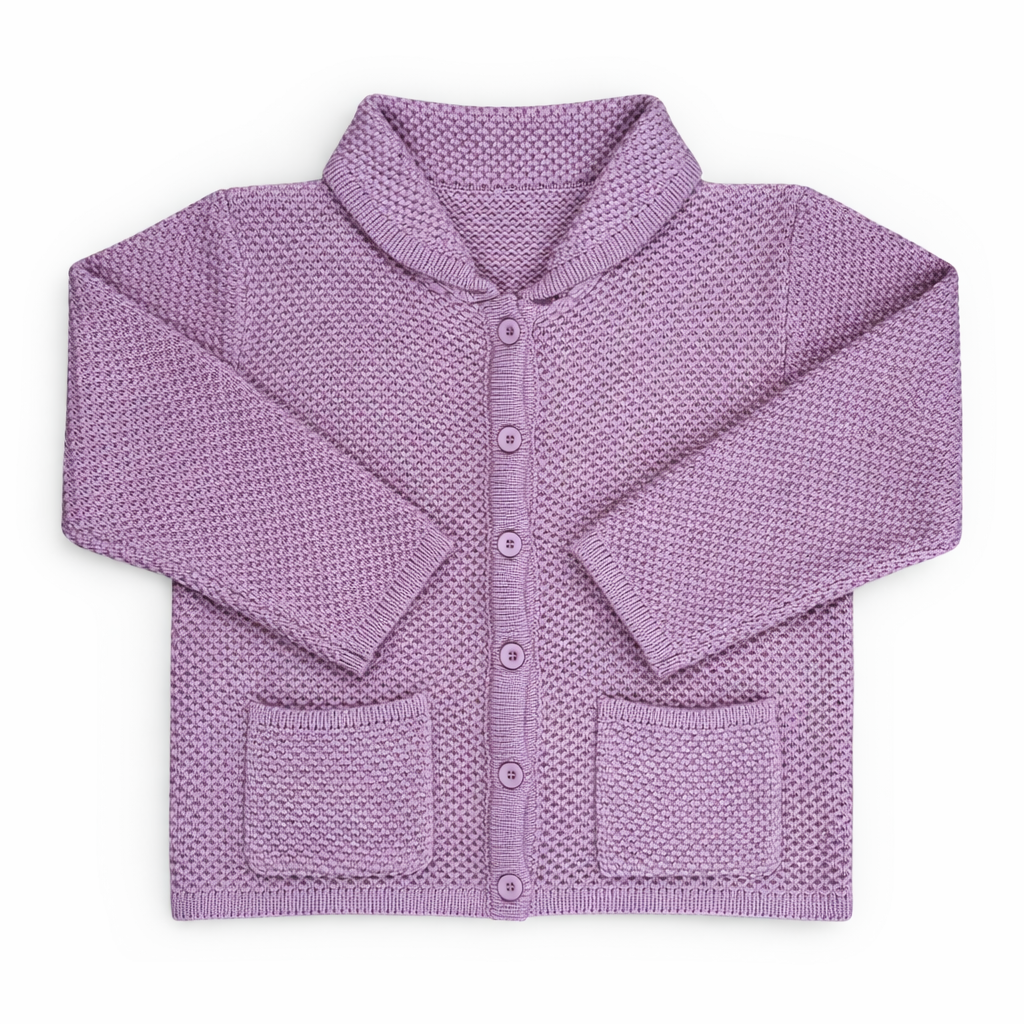 Children’s waffle-knit cardigan with drop sleeves, Peter Pan collar, button front and patch pockets, photographed flat on a white background.