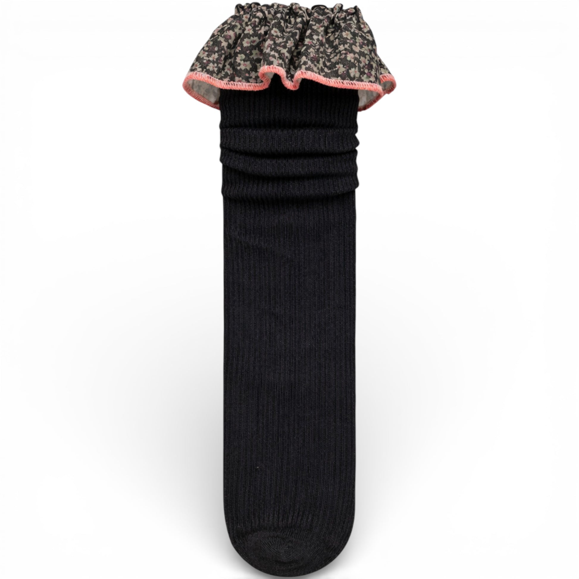 Black - Ribbed children’s sock with cotton paisley frilled trim, un-heeled design