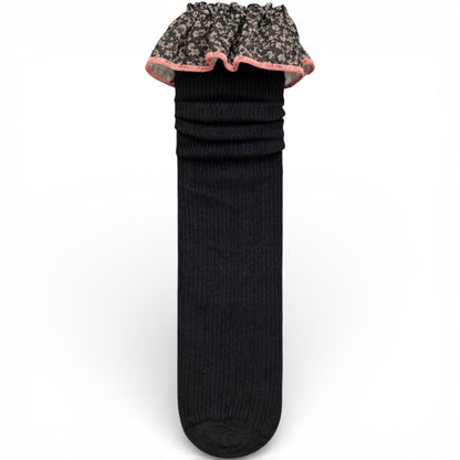 Black - Ribbed children’s sock with cotton paisley frilled trim, un-heeled design